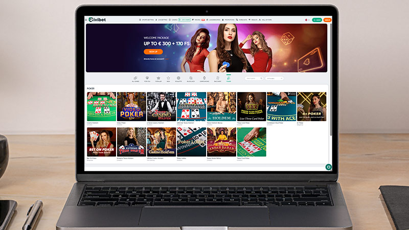Скрийншот на страницата за покер на живо Ivibet на екрана на лаптопа