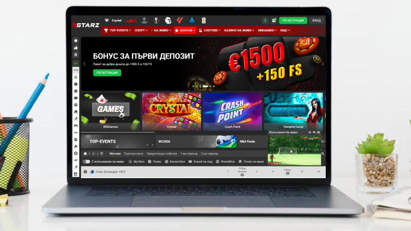 Началната страница на казино 888 Starz на екрана на лаптоп